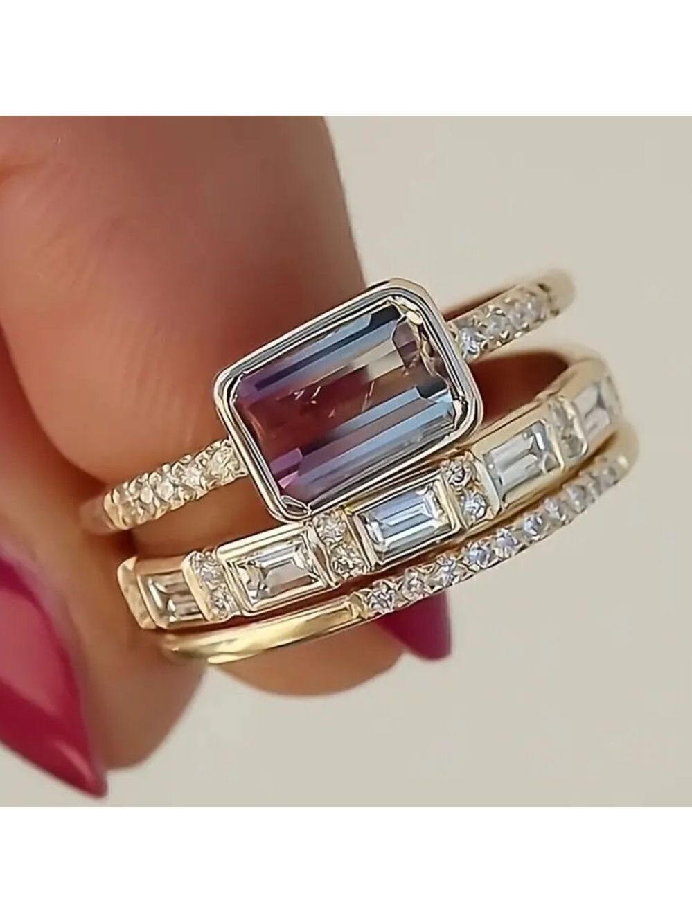 3pcs Elegant Stacking Rings 14k Plated Paved Shining Zirconia